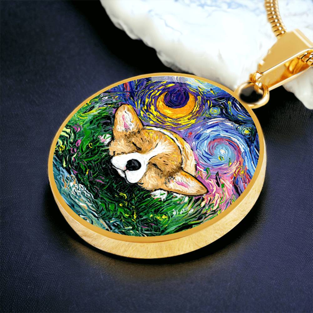 Sleeping Corgi Starry Night Round Necklace