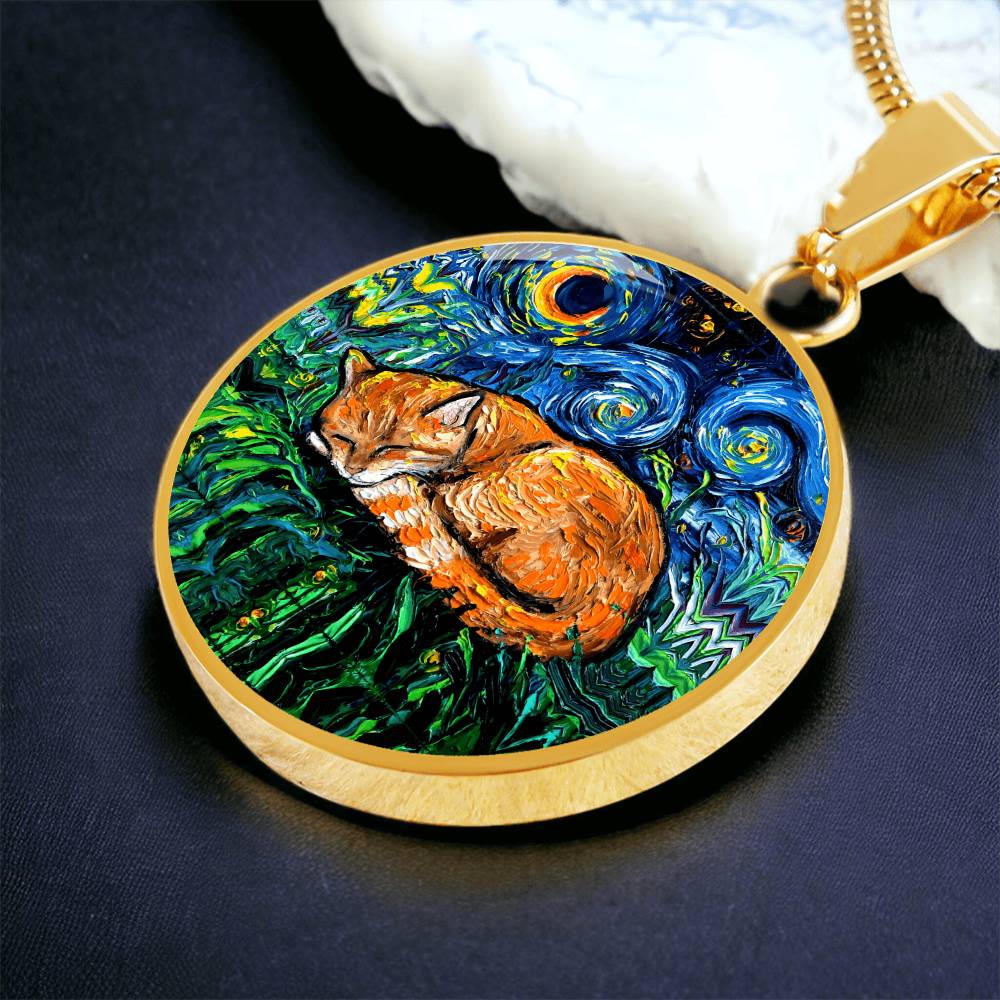 Sleeping Orange Tabby Cat Starry Night Round Necklace