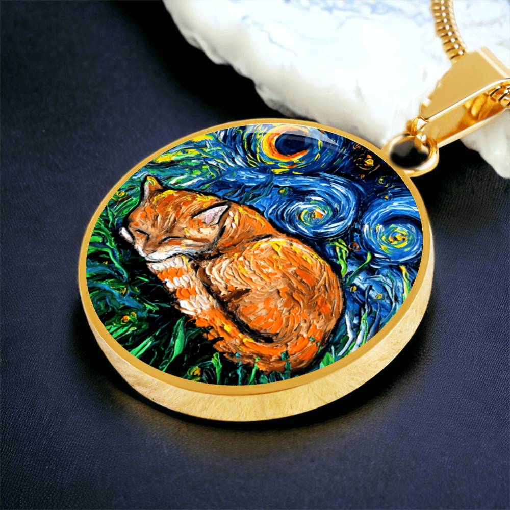 Sleeping Orange Tabby Cat Starry Night Round Necklace