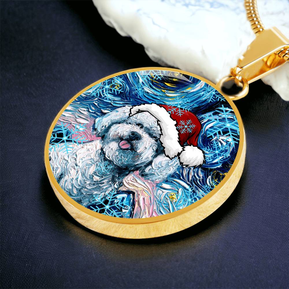 Bichon Frise In Santa Hat Starry Night Round Necklace