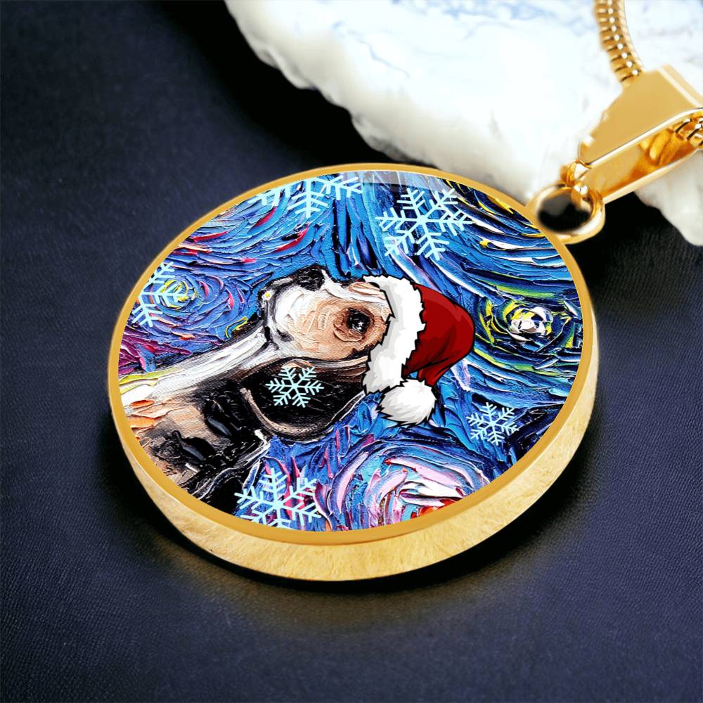 Beagle In Santa Hat Starry Night Round Necklace
