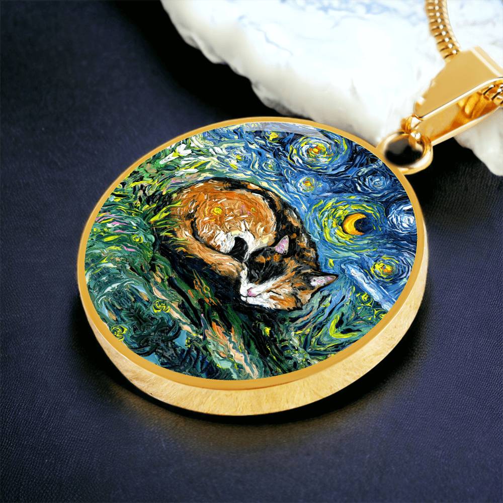 Sleeping Calico Cat Starry Night Round Necklace