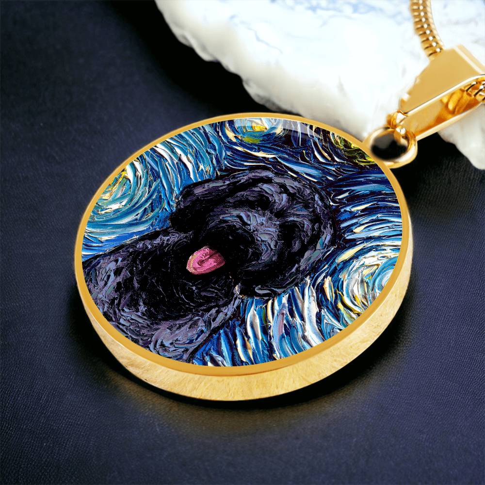 Black Goldendoodle Portrait Starry Night Round Necklace