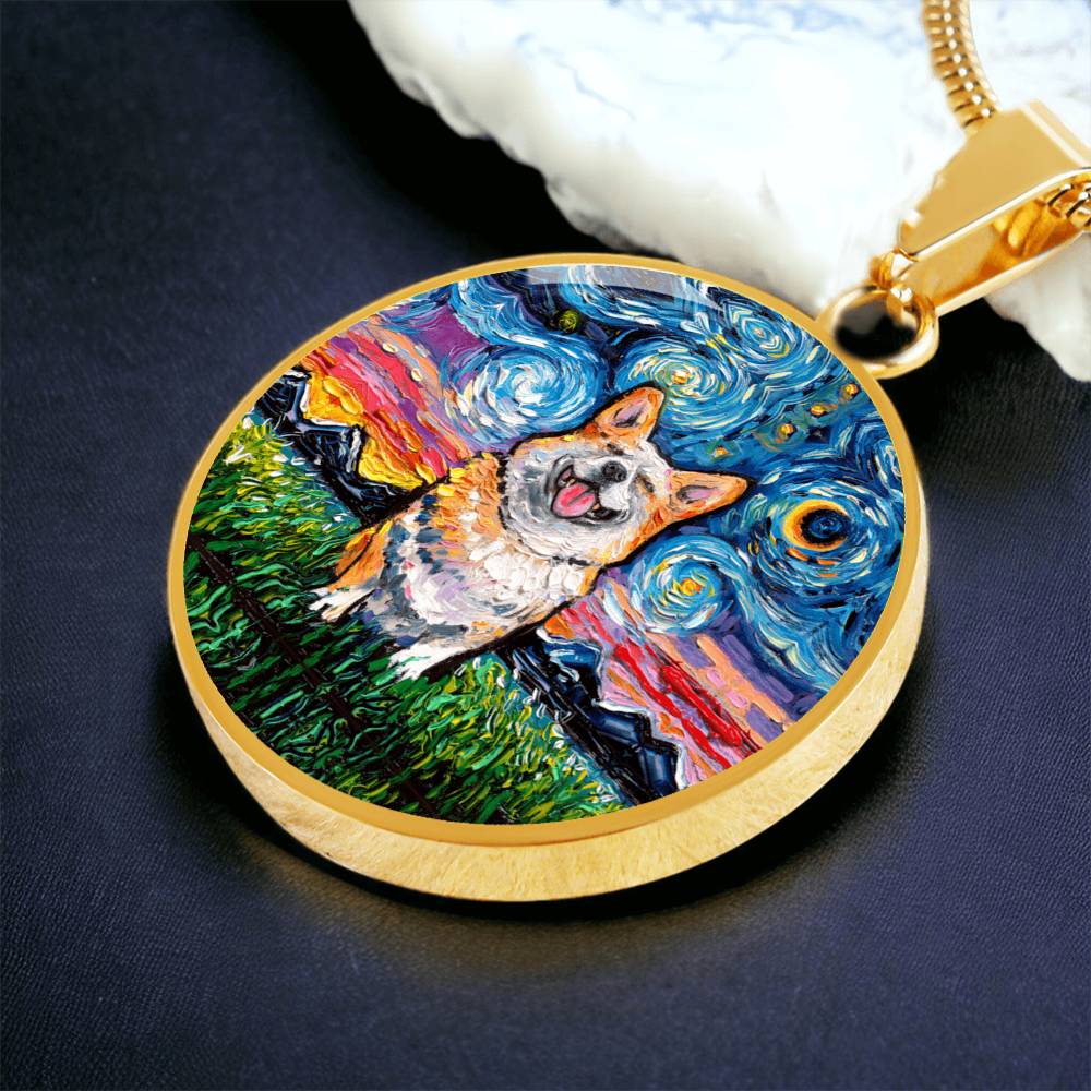 Smiling Corgi Starry Night Round Necklace