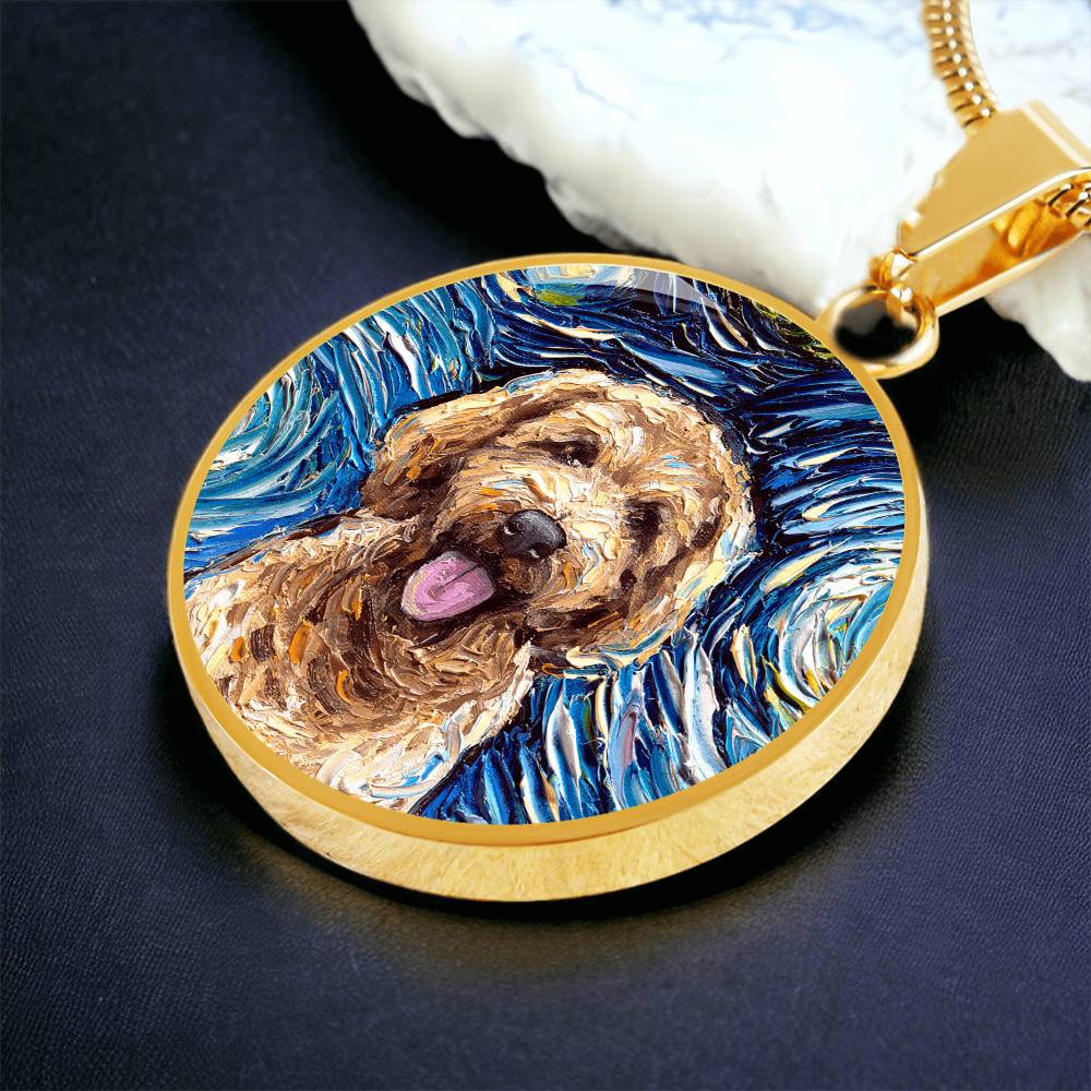Goldendoodle Portrait Starry Night Round Necklace