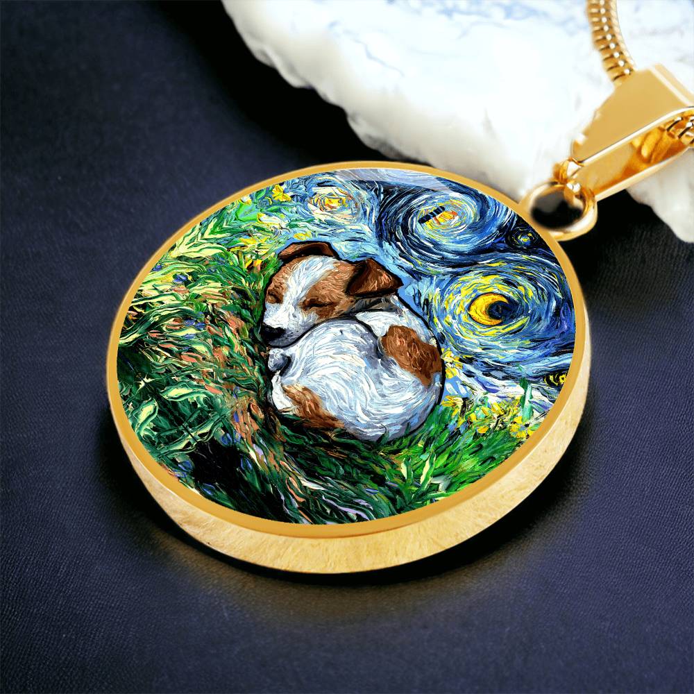 Sleeping Jack Russell Terrier Starry Night Round Necklace