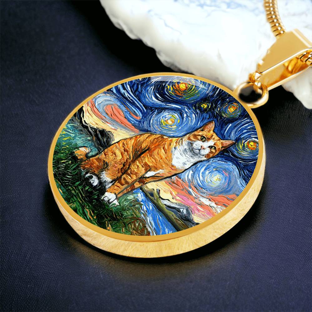 Orange Tuxedo Tabby Starry Night Round Pendant
