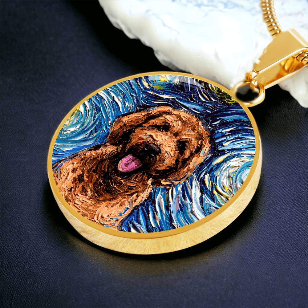 Apricot Goldendoodle Portrait Starry Night Round Necklace