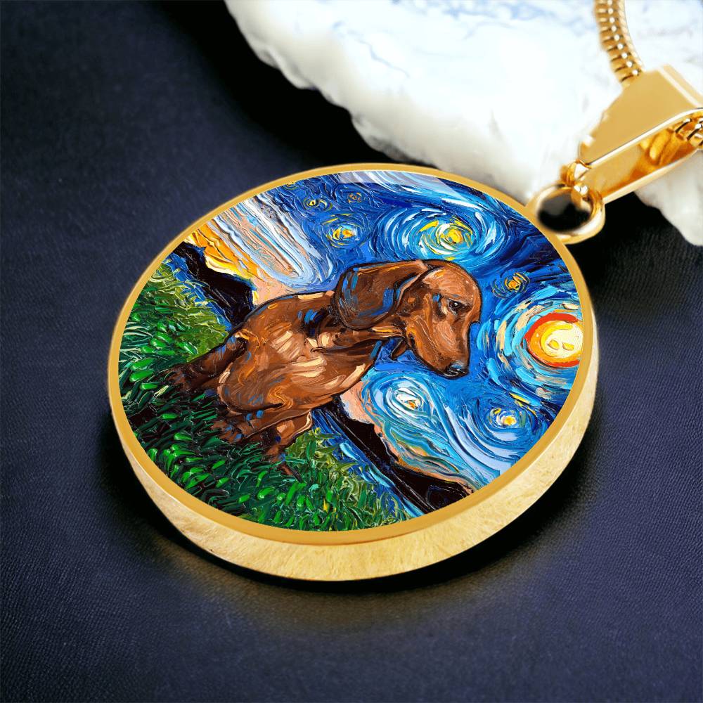 Brown Dachshund Starry Night Round Necklace