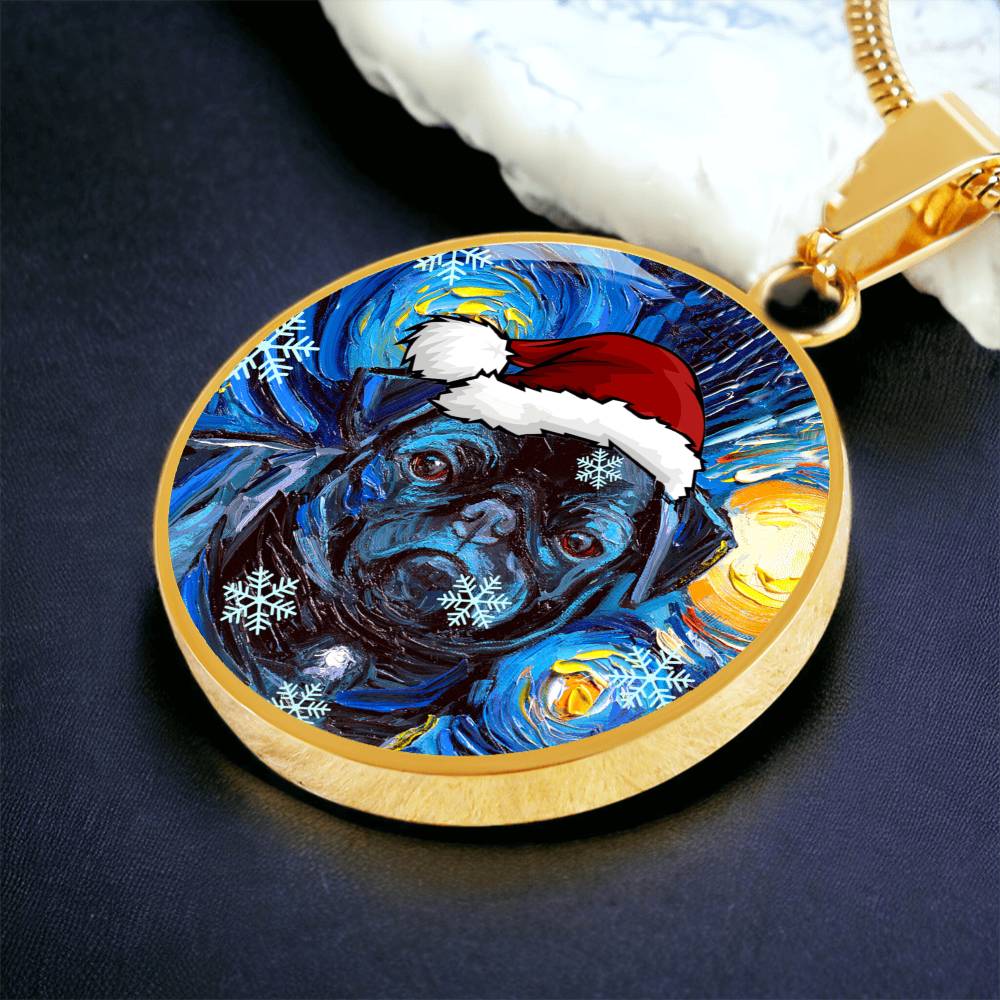 Santa Black Pug Starry Night Round Necklace
