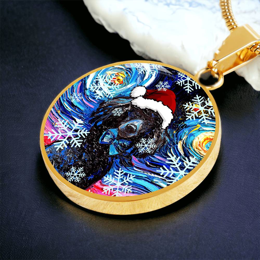 Santa Black Poodle Starry Night Round Necklace