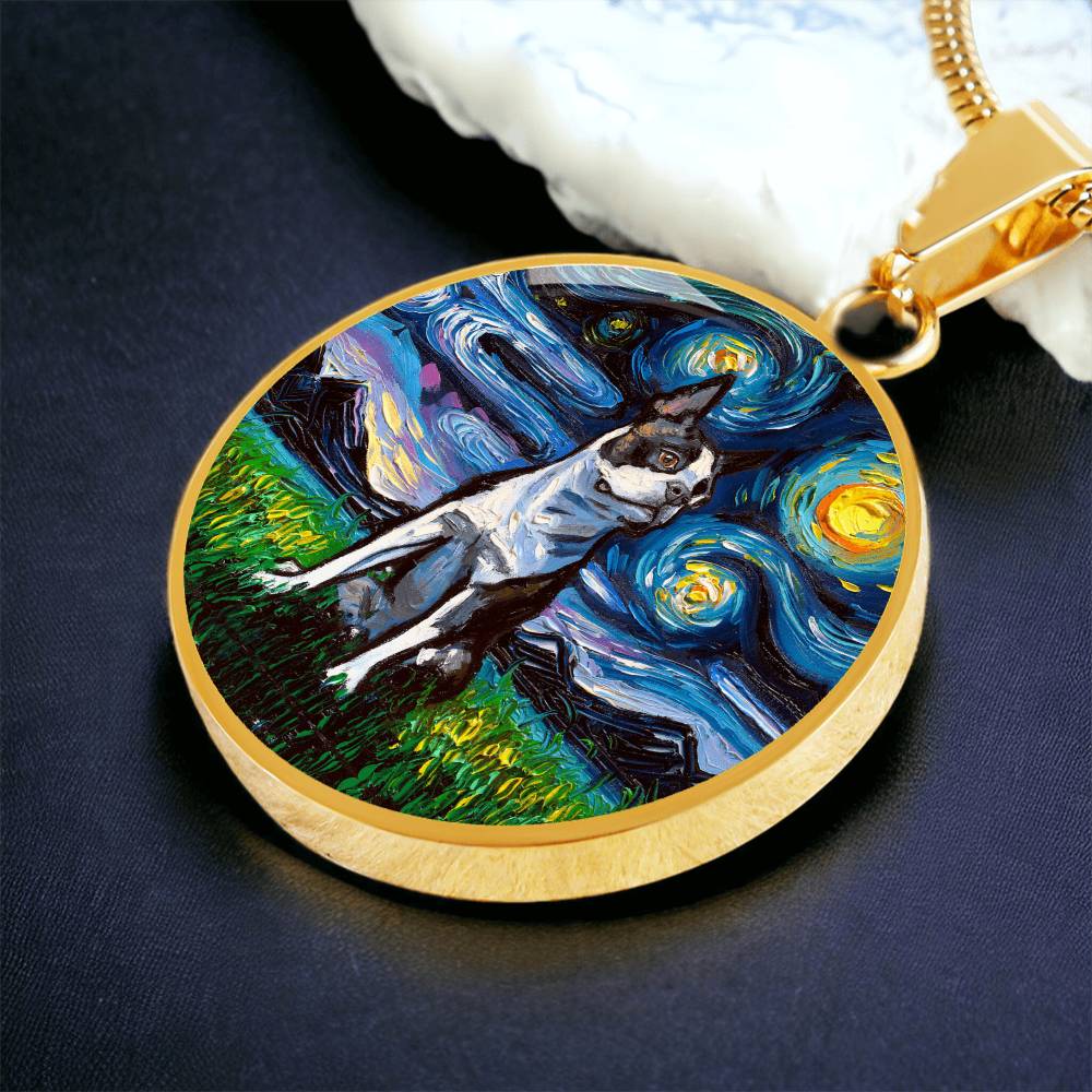 Boston Terrier Starry Night Round Necklace