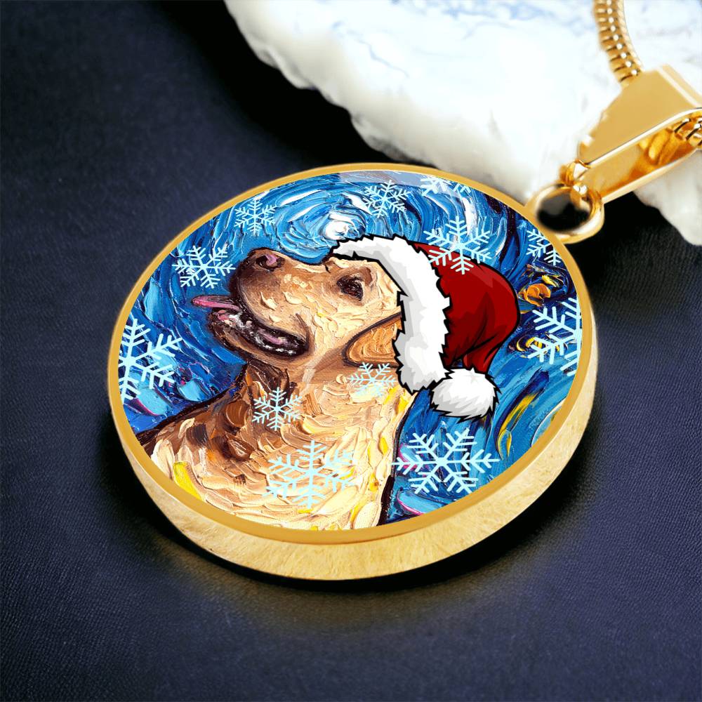 Yellow Labrador In Santa Hat Starry Night Round Necklace