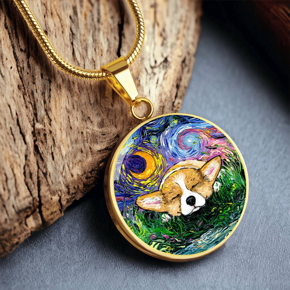Sleeping Corgi Starry Night Round Necklace
