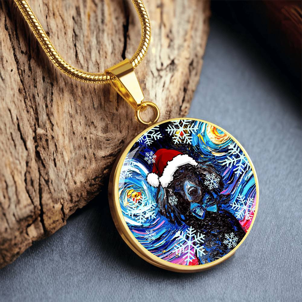 Santa Black Poodle Starry Night Round Necklace