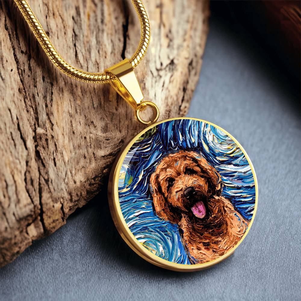 Apricot Goldendoodle Portrait Starry Night Round Necklace