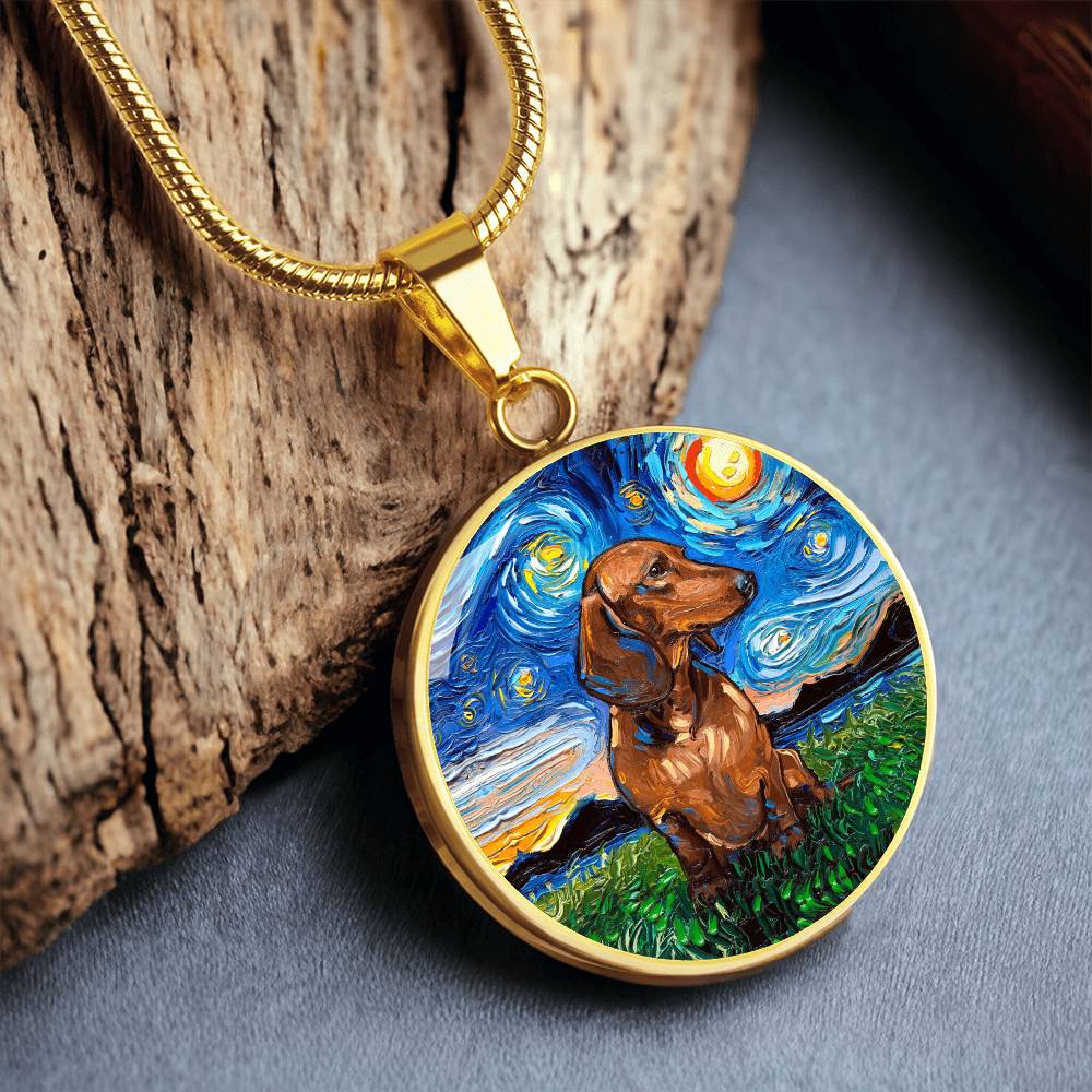 Brown Dachshund Starry Night Round Necklace