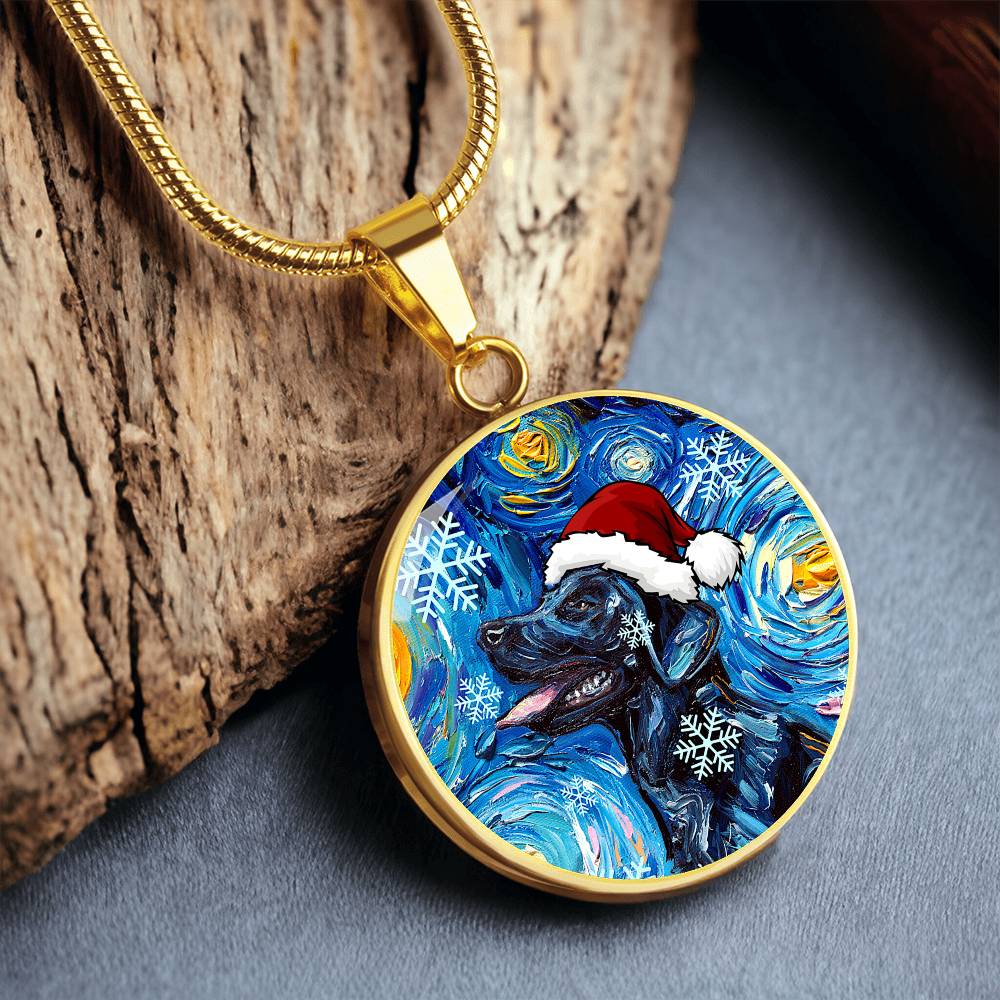 Santa Black Labrador Starry Night Round Necklace