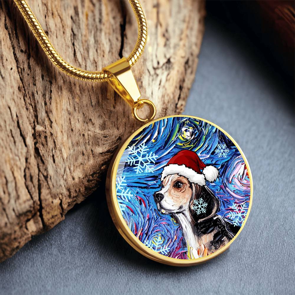 Beagle In Santa Hat Starry Night Round Necklace