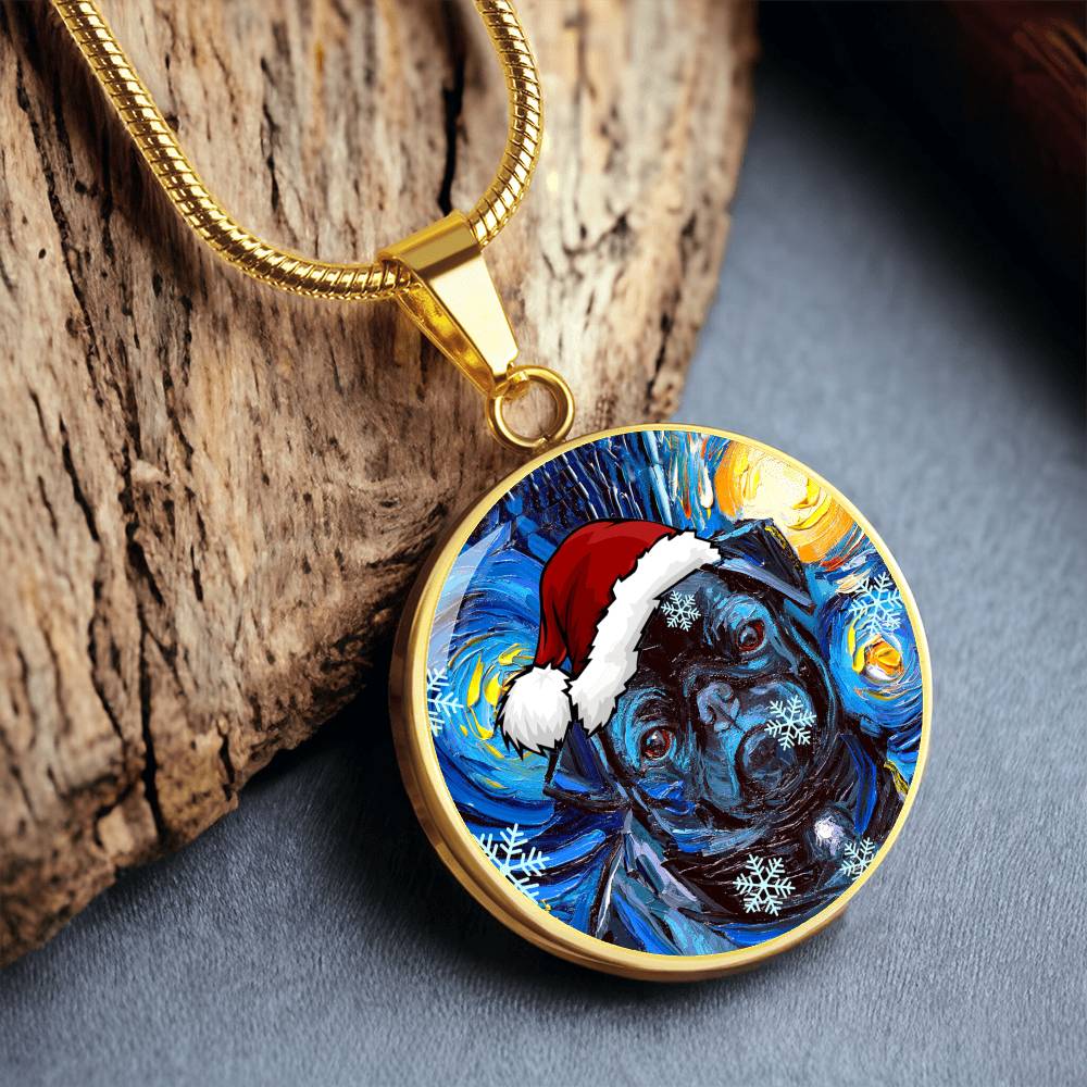 Santa Black Pug Starry Night Round Necklace