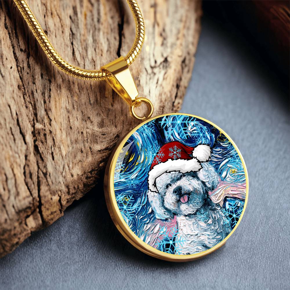 Bichon Frise In Santa Hat Starry Night Round Necklace