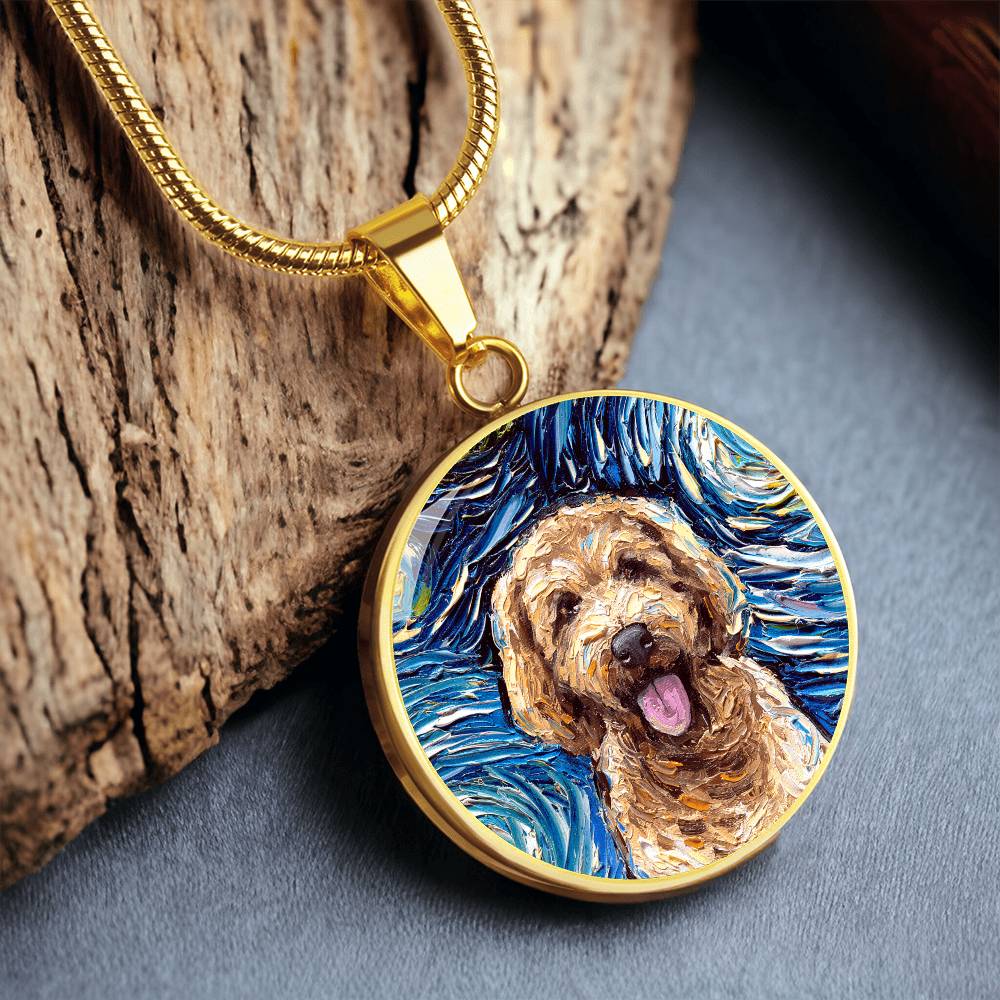 Goldendoodle Portrait Starry Night Round Necklace