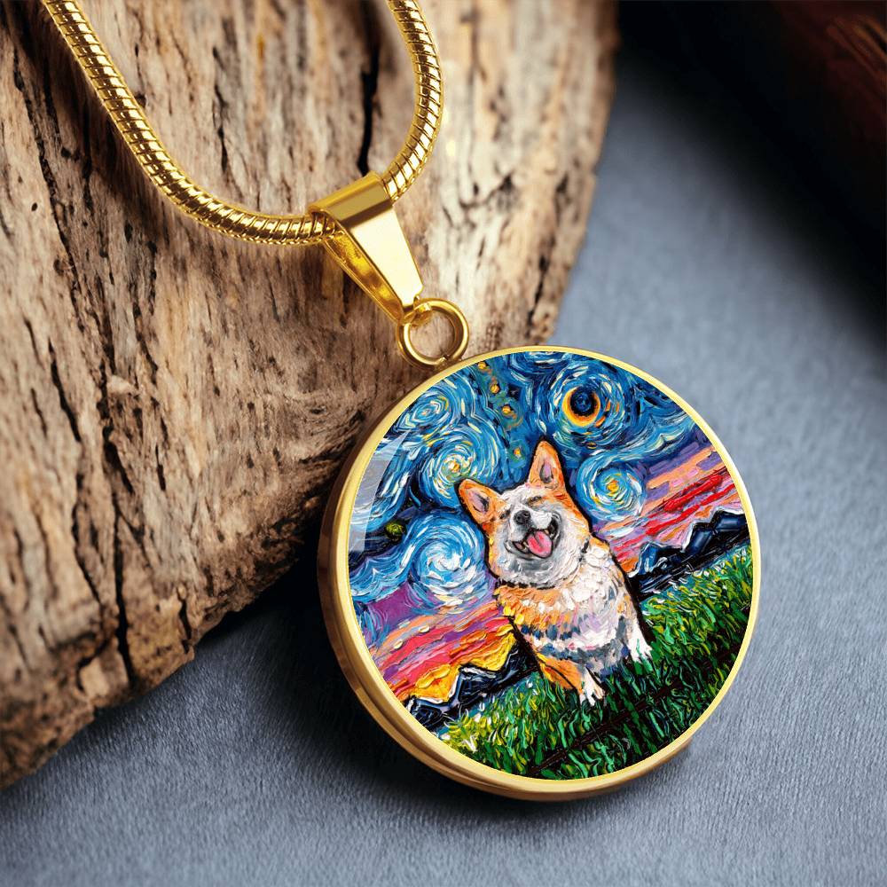 Smiling Corgi Starry Night Round Necklace