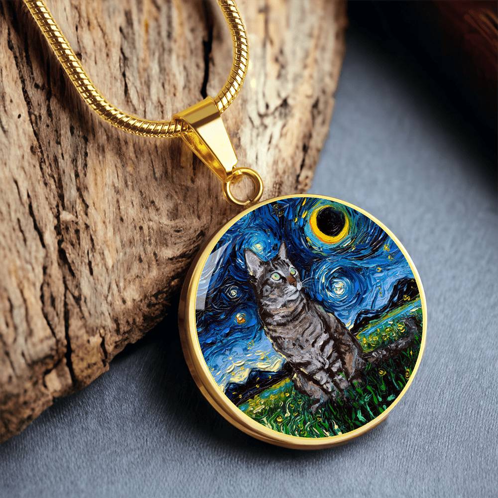 Tabby Cat Starry Night Round Necklace