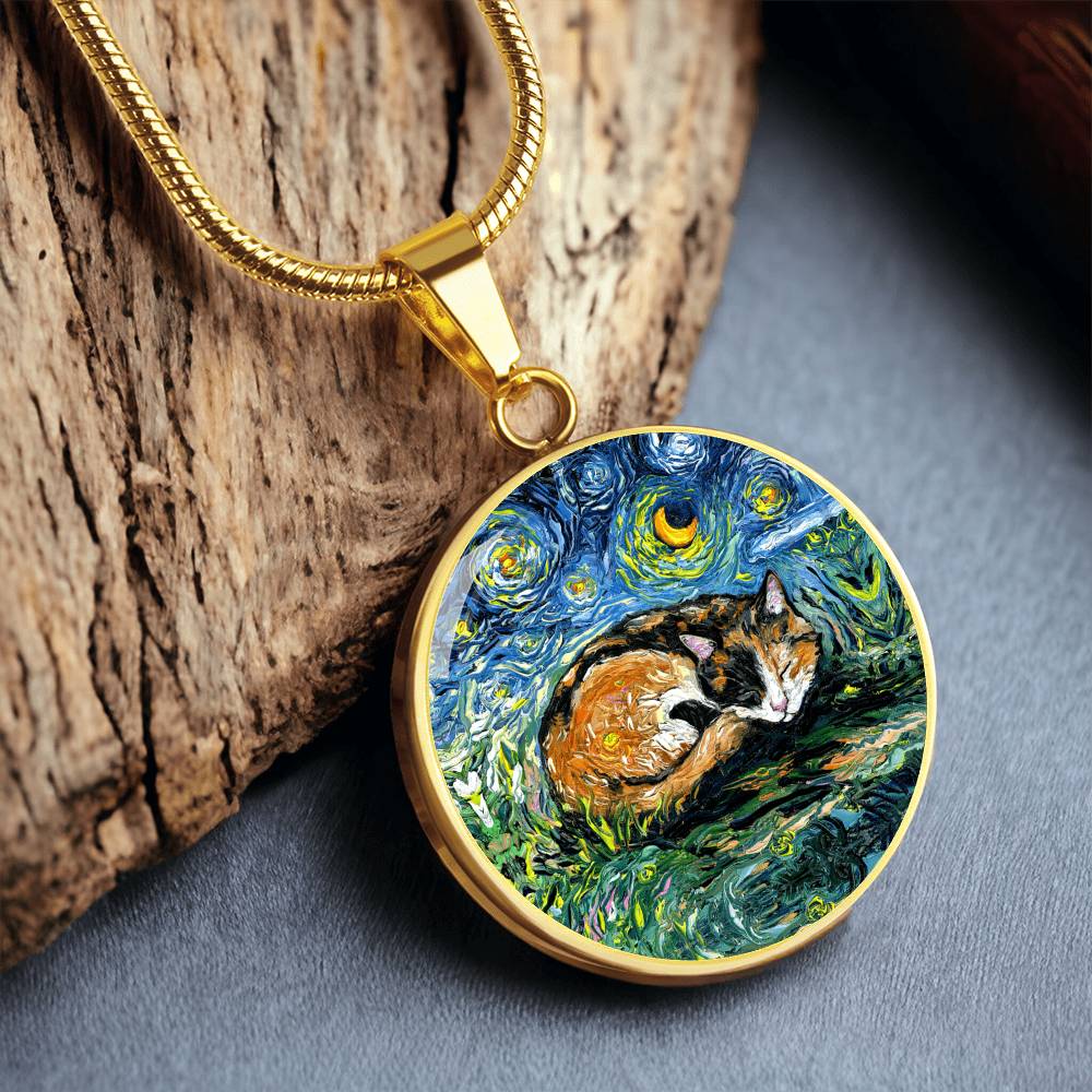Sleeping Calico Cat Starry Night Round Necklace