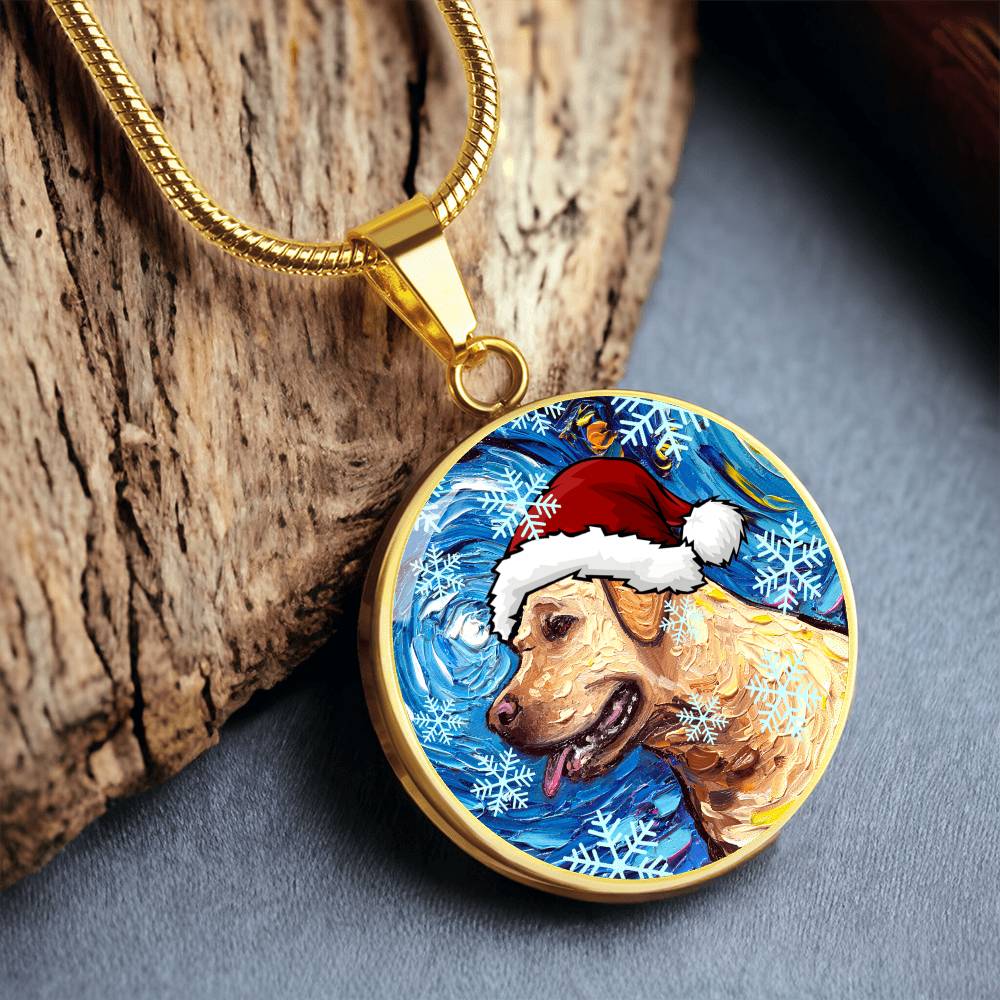 Yellow Labrador In Santa Hat Starry Night Round Necklace