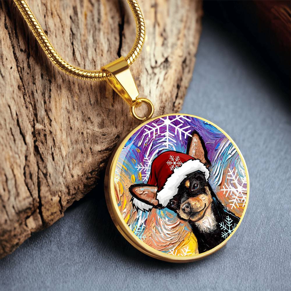 Black and Tan Chihuahua In Santa Hat Starry Night Round Necklace