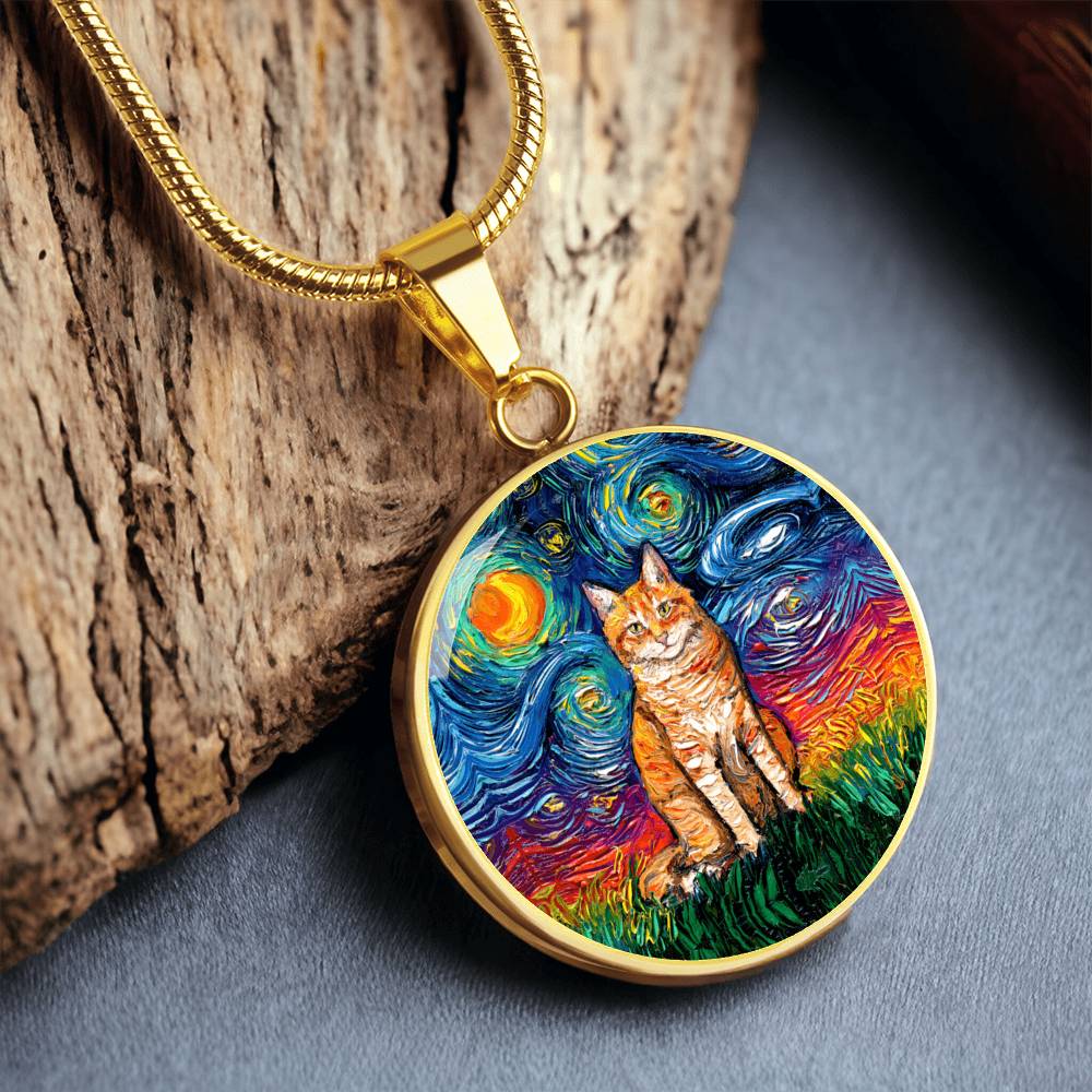 Seated Orange Tabby Cat Starry Night Heart Necklace