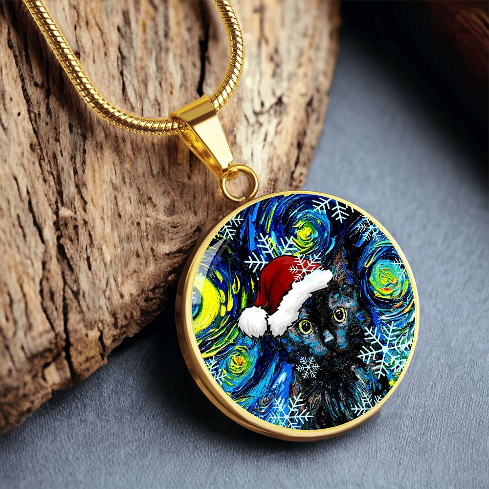 Black Cat In Santa Hat Starry Night Round Necklace