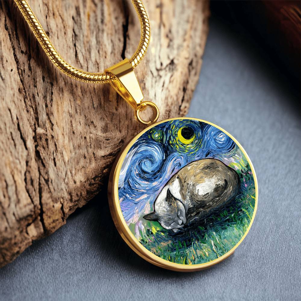 Sleeping Siamese Cat Starry Night Round Necklace