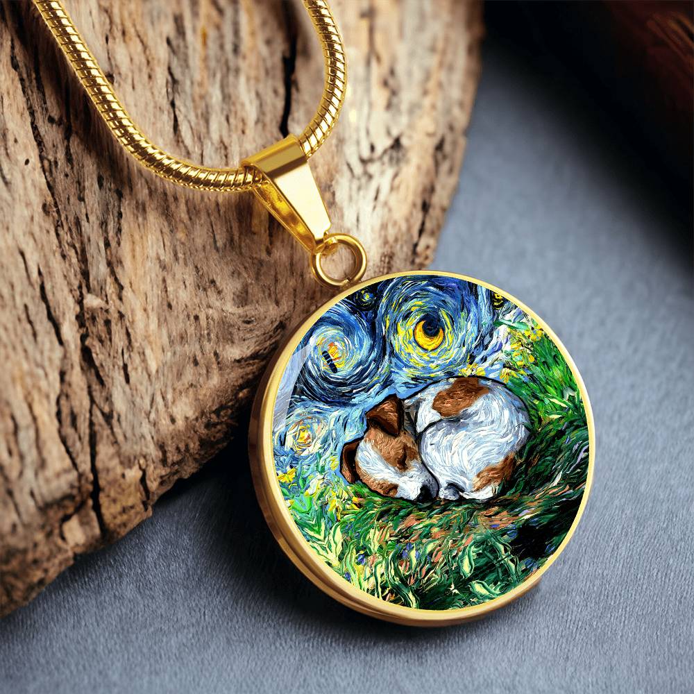 Sleeping Jack Russell Terrier Starry Night Round Necklace