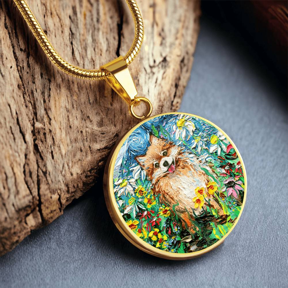 Happy Pomeranian Starry Night Round Necklace