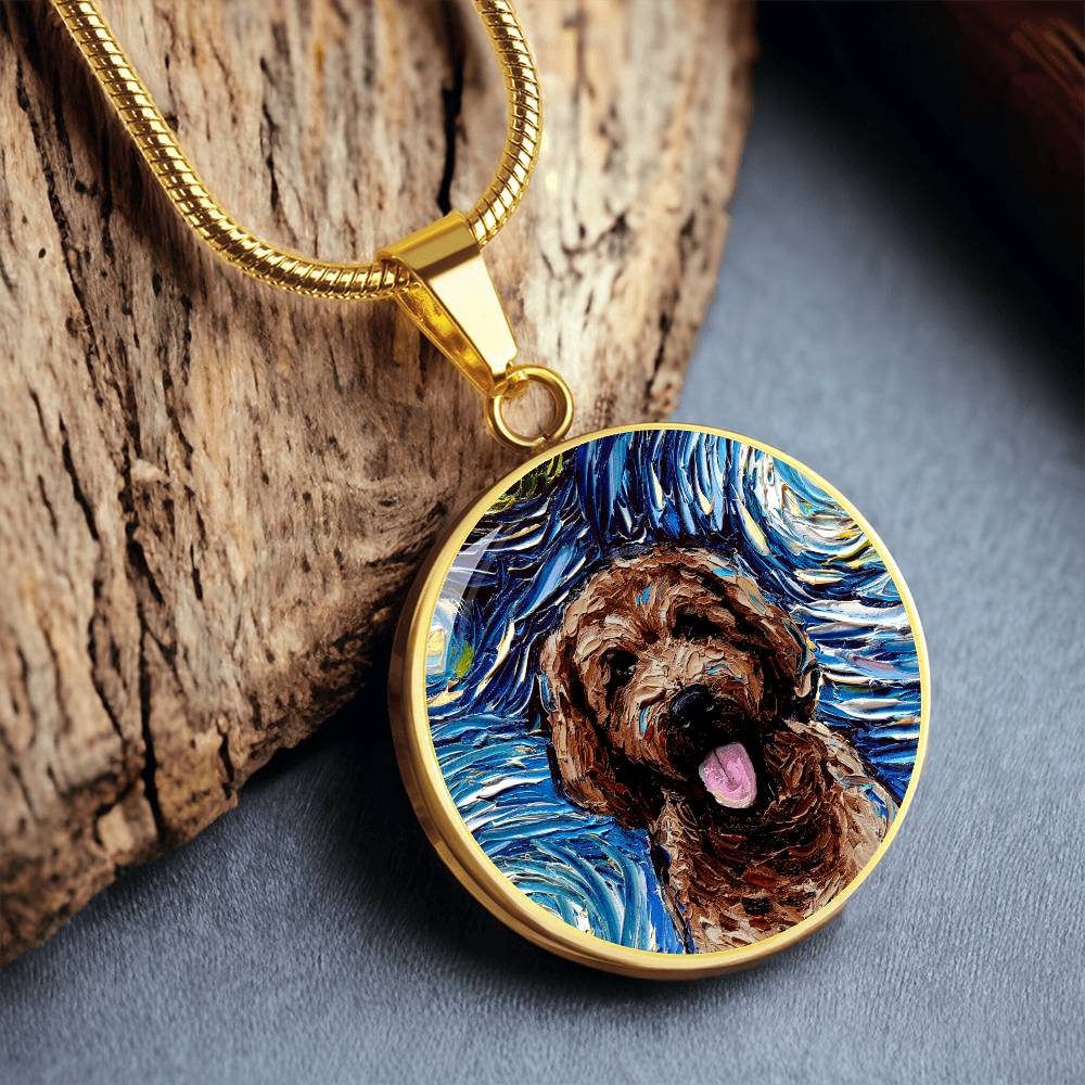 Chocolate Goldendoodle Starry Night Round Necklace