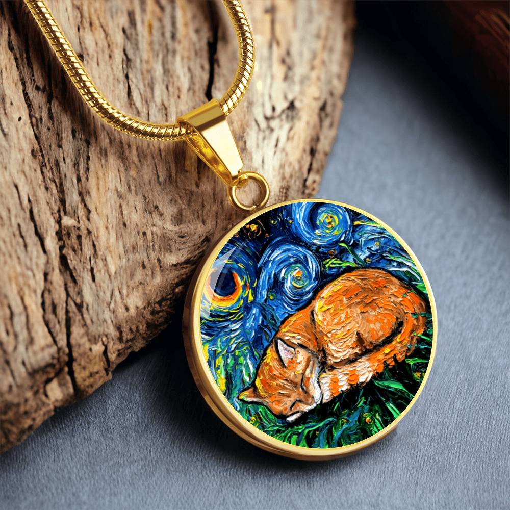 Sleeping Orange Tabby Cat Starry Night Round Necklace