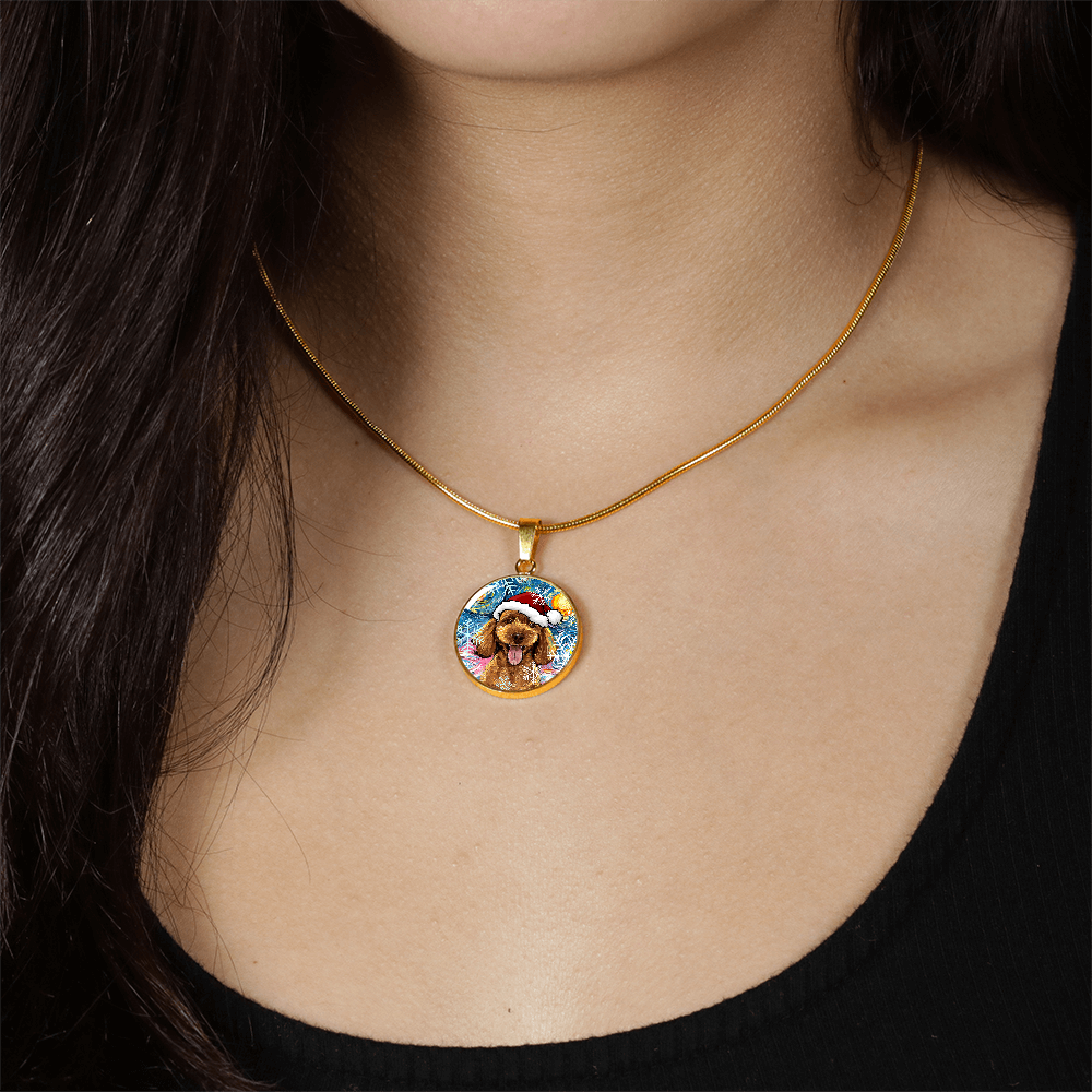 Apricot Poodle In Santa Hat Starry Night Round Necklace