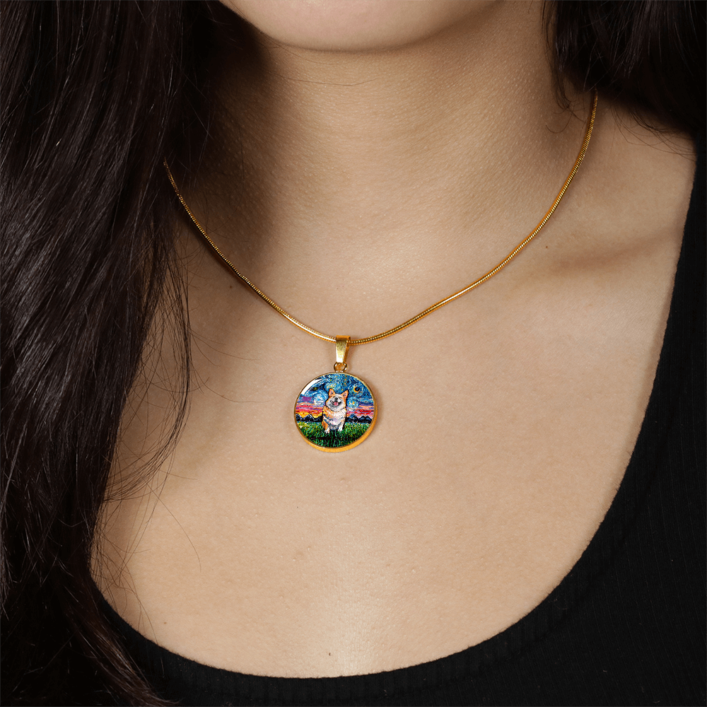 Smiling Corgi Starry Night Round Necklace