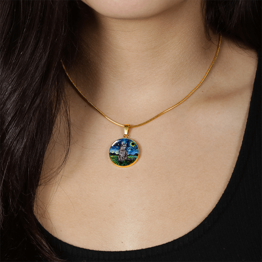 Tabby Cat Starry Night Round Necklace