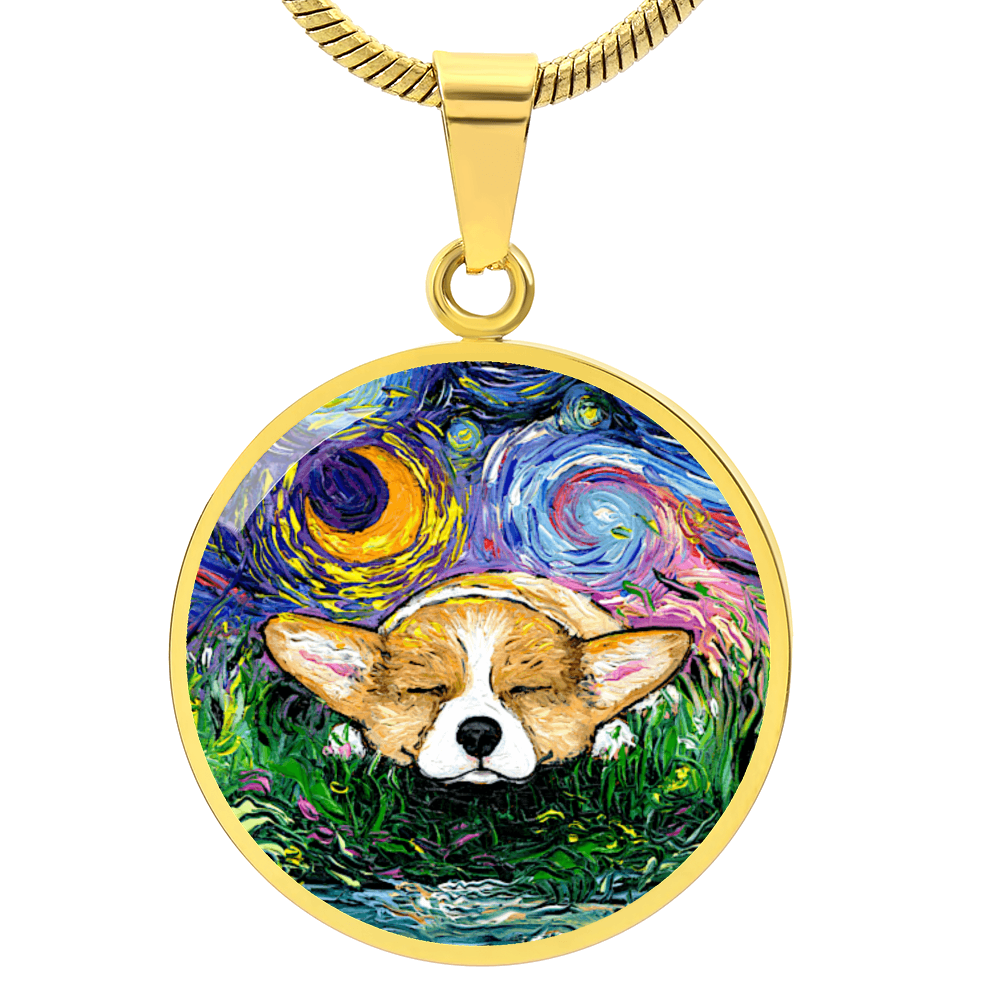 Sleeping Corgi Starry Night Round Necklace