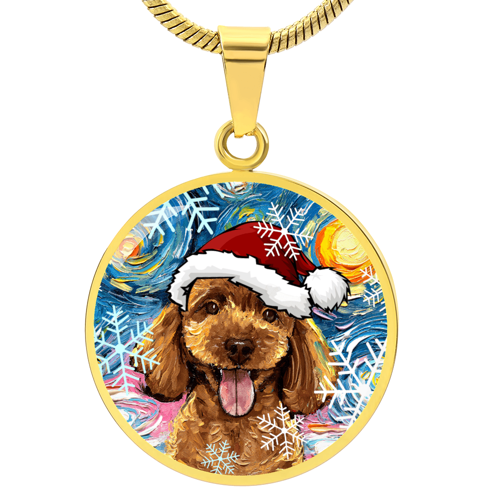 Apricot Poodle In Santa Hat Starry Night Round Necklace