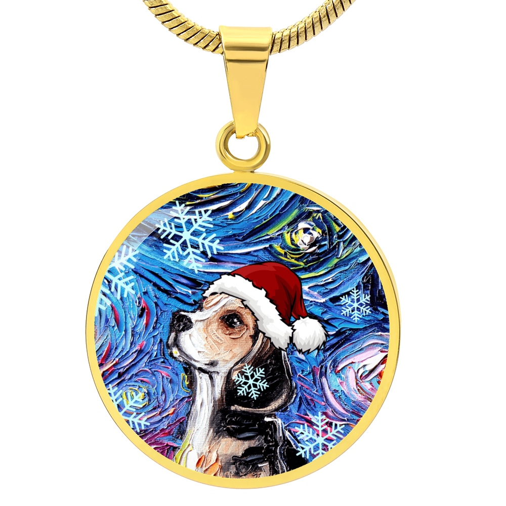 Beagle In Santa Hat Starry Night Round Necklace