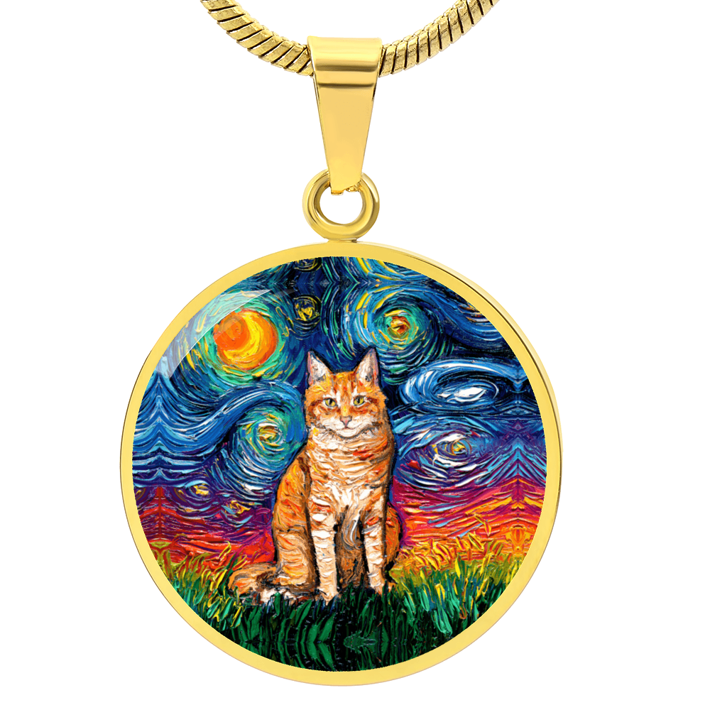 Seated Orange Tabby Cat Starry Night Heart Necklace