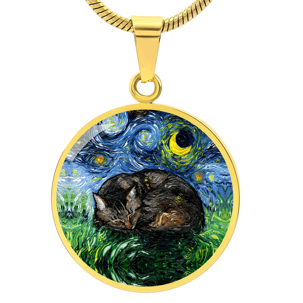 Sleeping Brown Tabby Starry Night Round Necklace