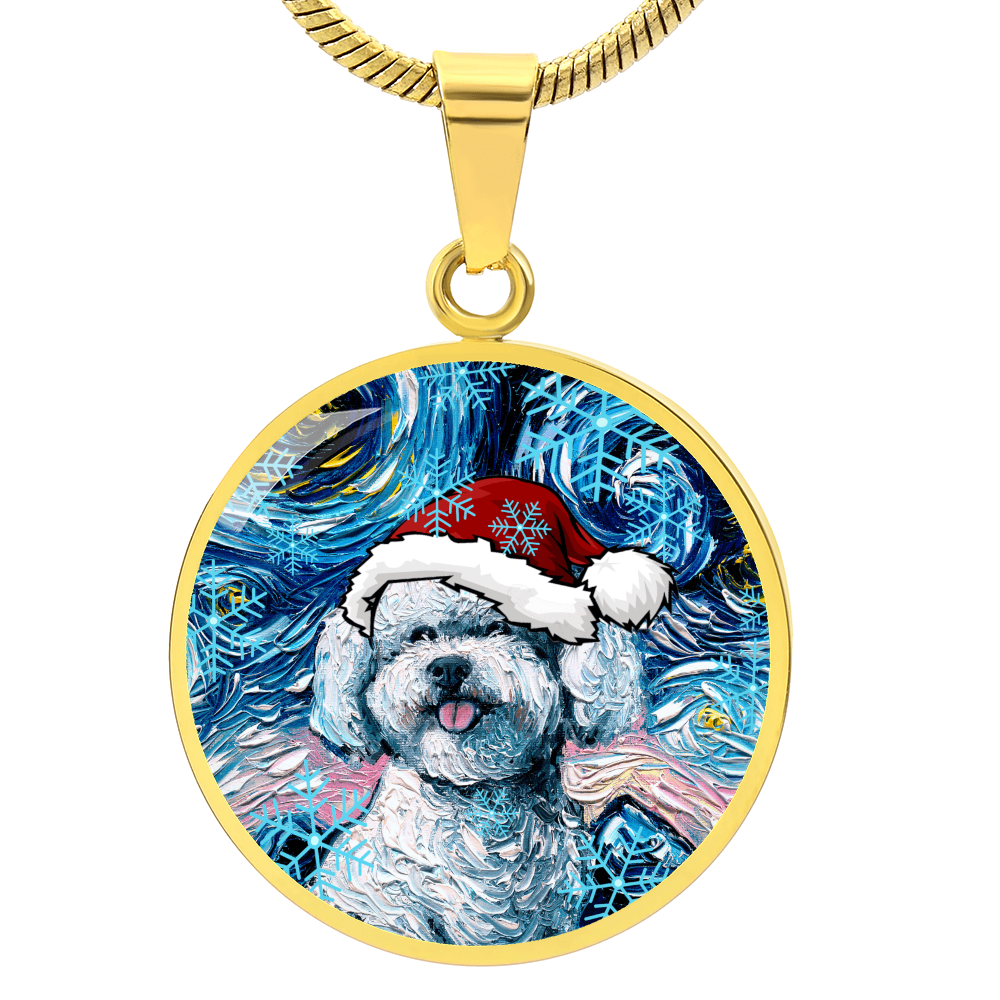 Bichon Frise In Santa Hat Starry Night Round Necklace