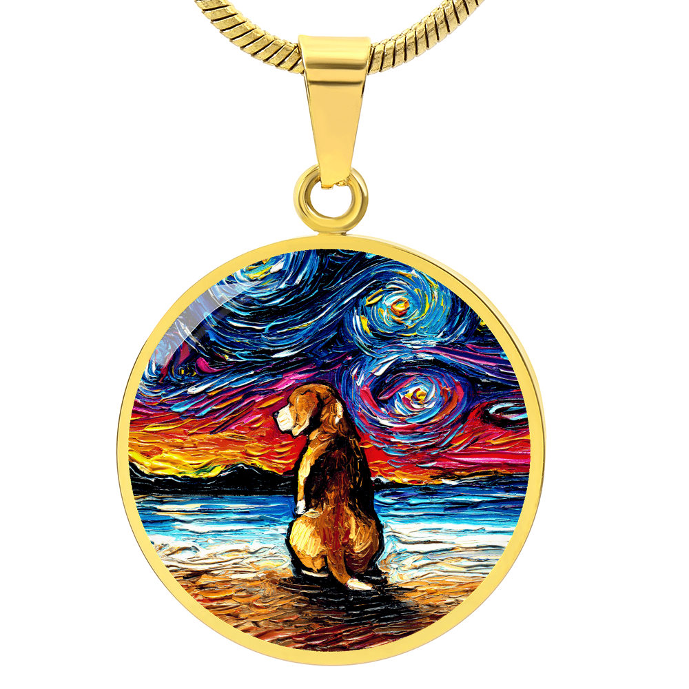 Beagle at the Beach Starry Night Round Necklace