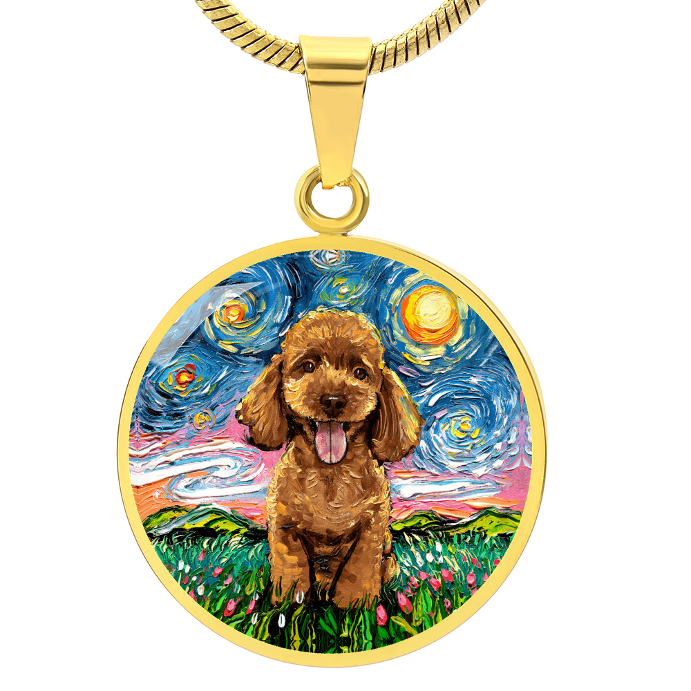 Apricot Poodle Puppy Starry Night Round Necklace