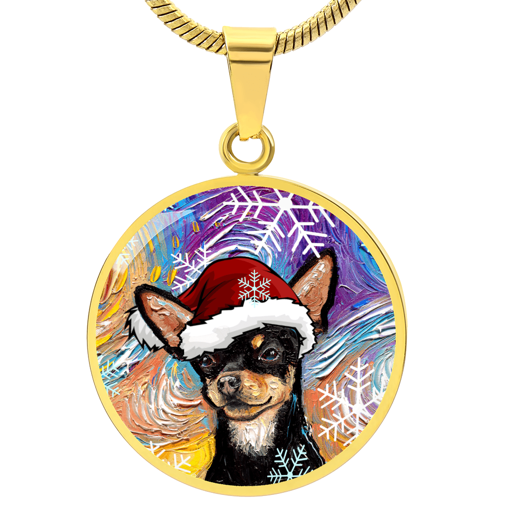Black and Tan Chihuahua In Santa Hat Starry Night Round Necklace